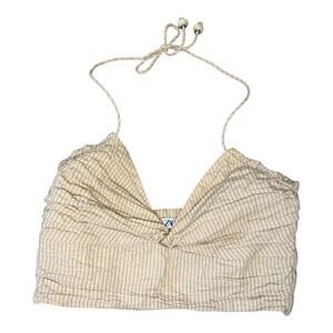 Zara Women's Beige Striped‎ Halter Neck Cropped Tank Top Size Medium
